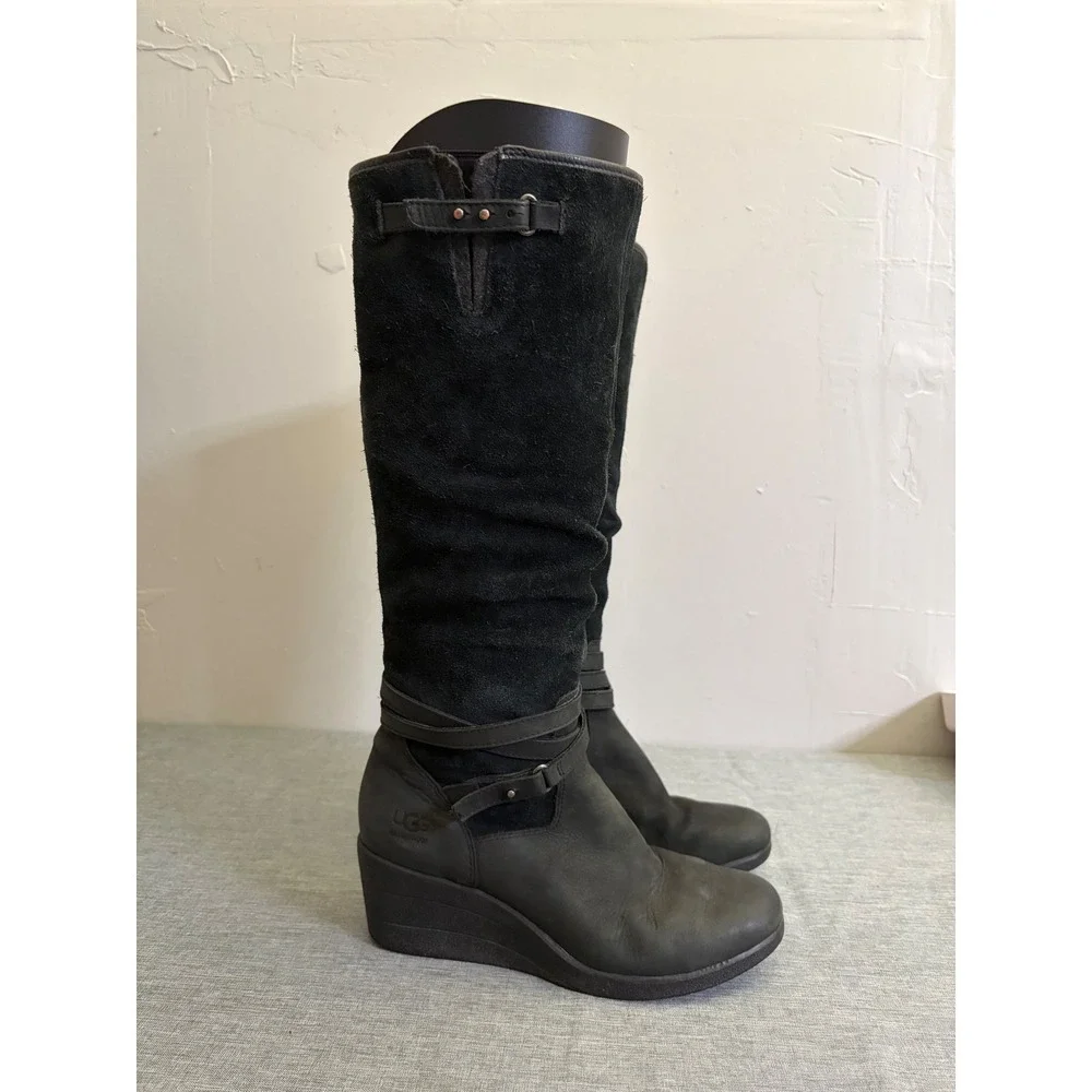 UGG Tall Boots Womens 8 Black Simmens Waterproof Suede Leather Wedge‎ Buckle